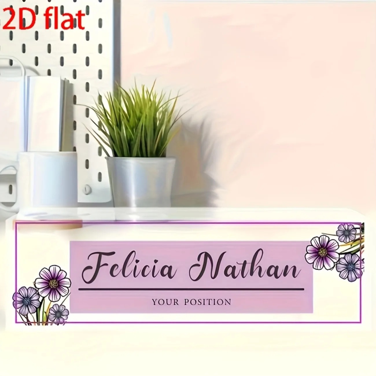 Desk Name Plate - Pink‑Purple Floral Acrylic Desk Nameplate, Personalized